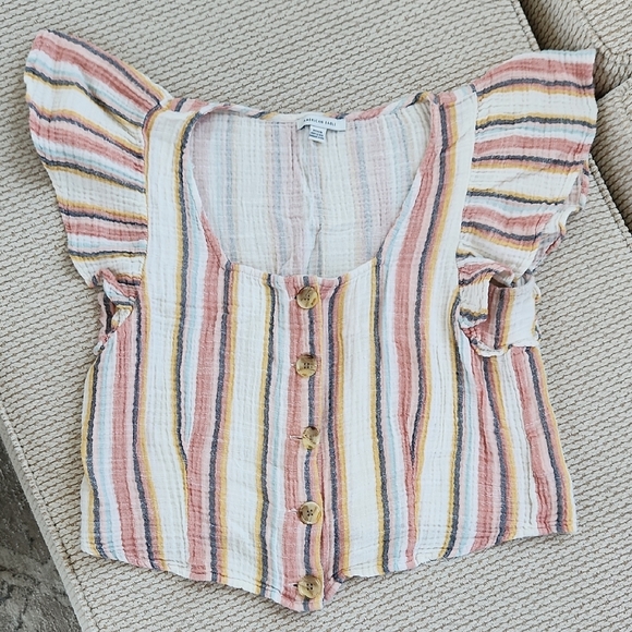 Striped Button-Down Top with Ruffled Sleeves, American Eagle, Medium - Picture 1 of 3